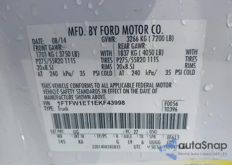 2014 Ford F-150 King Ranch z USA, uszkodzony, nr VIN 1FTFW1ET1EKF43998